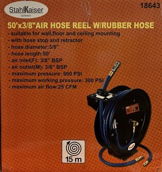 Lucht Slang op metalenhaspel 15mtr. Automatisch