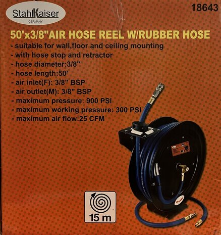 Lucht Slang op metalenhaspel 15mtr. Automatisch